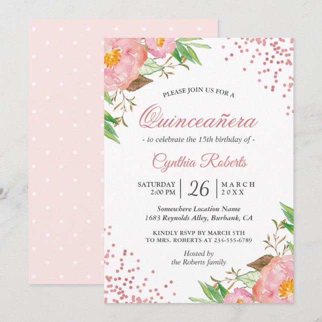 Invitation Floral rose pâle Confetti Quinceañera Anniversaire (Devant / Derrière)