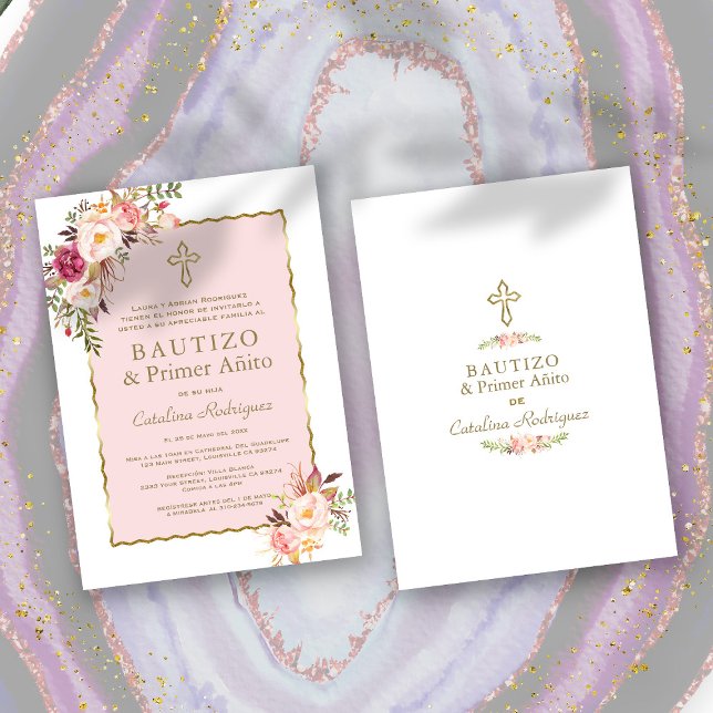 Invitation Floral rose pâle espagnol 1er anniversaire & Baptê (spanish baptism and birthday invitation, trendy baptism 1st birthday, elegant pink floral baptism)