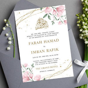 Invitation Floral rose pâle frontière or Mariage musulman