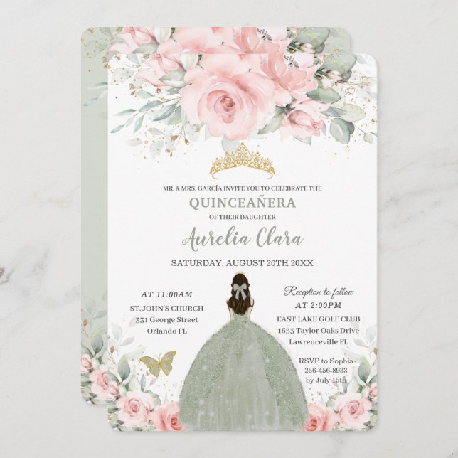Invitation Floral rose pâle Princesse Sage Green Quinceañera (Devant / Derrière)
