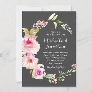 Invitation Floral rose pâle sur Mariage chrétien gris