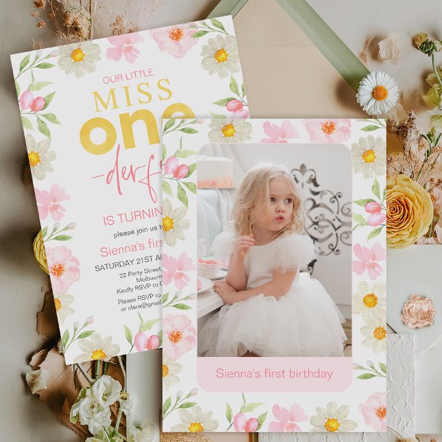 Invitation Floral rose photo Miss Onederday 1er anniversaire (Photo Miss Onederful 1st Birthday Invitation Template, Girls Onederful First Birthday Invitation )