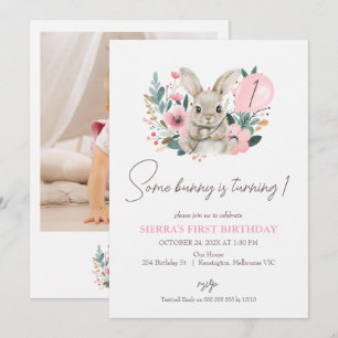 Invitation Floral rose Photo Un lapin 1er anniversaire