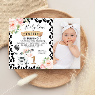 Invitation Floral rose Photo Vache noire Imprimer 1er anniver