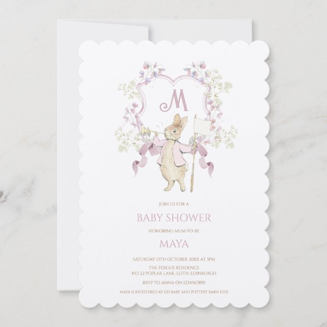 Invitation Floral rose Pierre le lapin Monogramme Baby shower (Devant)