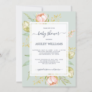 Invitation Floral rose pivoine Rustique Boho Baby shower bleu
