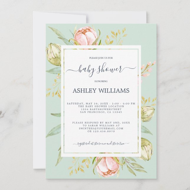 Invitation Floral rose pivoine Rustique Boho Baby shower vert (Devant)
