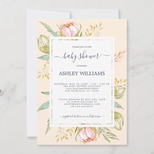 Invitation Floral rose pivoine Rustique Boho Blush Baby showe (Devant)