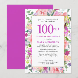 Invitation Floral rose pourpre 100e anniversaire