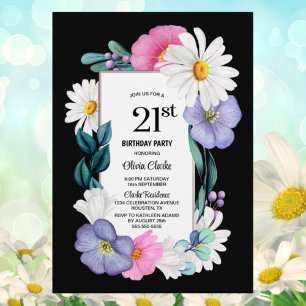 Invitation Floral rose pourpre 21e fête d'anniversaire