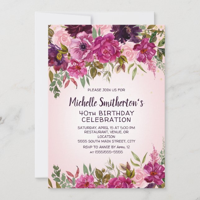 Invitation Floral rose pourpre 40e anniversaire (Devant)
