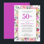 Invitation Floral rose pourpre 50e anniversaire<br><div class="desc">Belle combinaison de fleurs colorées avec des fleurs roses, violettes et jaunes crémeux. L'arrière de l'invitation à la fête du 50e anniversaire est violet vif. Il correspond à la 50ème qui est écrit dans le même violet gras. Les fêtes d'anniversaire et le nom du célébrant sont aussi violets. Des feuilles...</div>