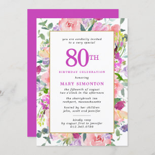 Invitation Floral rose pourpre 80e anniversaire