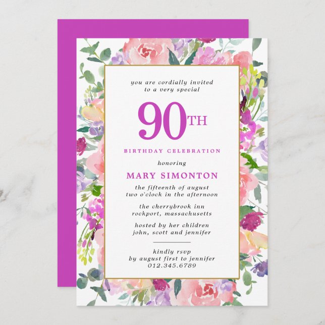 Invitation Floral rose pourpre 90e anniversaire (Devant / Derrière)