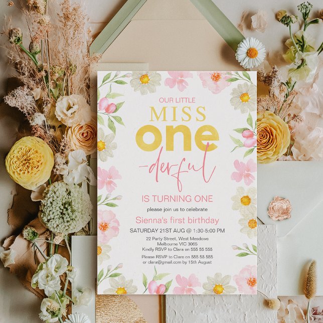 Invitation Floral rose printemps Miss Onederday 1er anniversa (Floral Miss Onederful 1st Birthday Invitation Spring Summer Girls First Birthday Invitation Template)