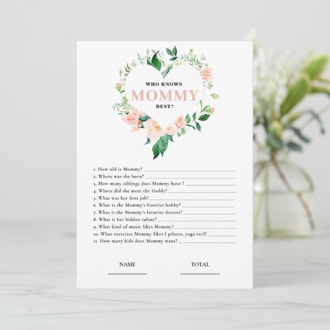 Invitation Floral rose Qui connaît maman meilleur Baby shower (Debout devant)