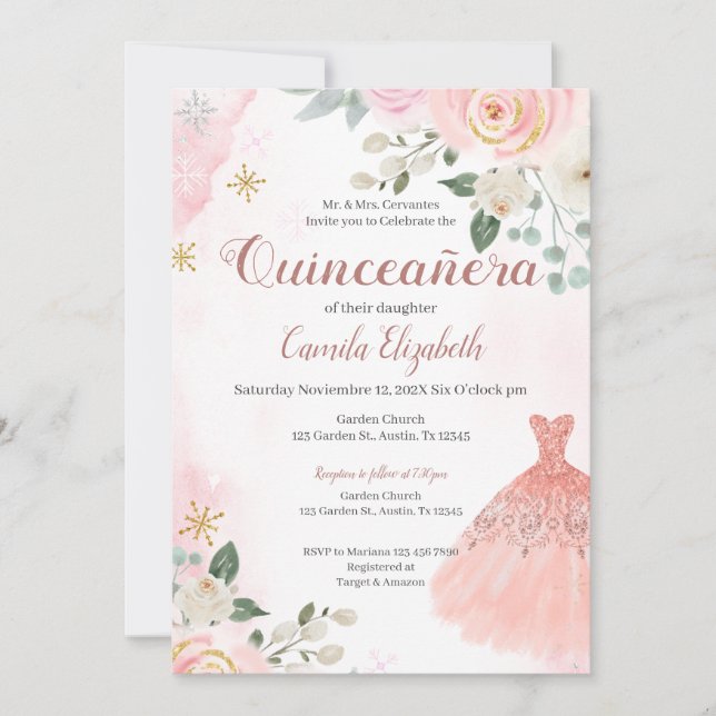 Invitation Floral rose Quinceañera (Devant)