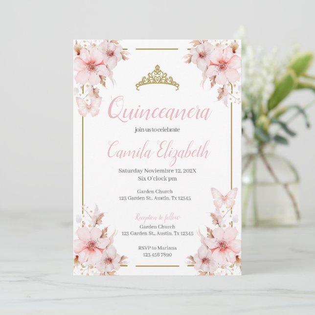 Invitation Floral rose Quinceañera (Debout devant)