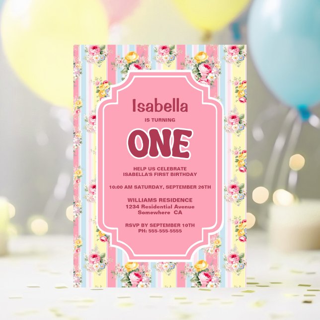 Invitation Floral rose rayé 1er anniversaire fête (Créateur téléchargé)