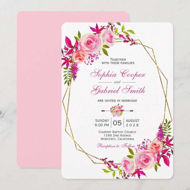 Invitation Floral Rose rose Fuchsia | Mariage Gold Frame (Devant / Derrière)