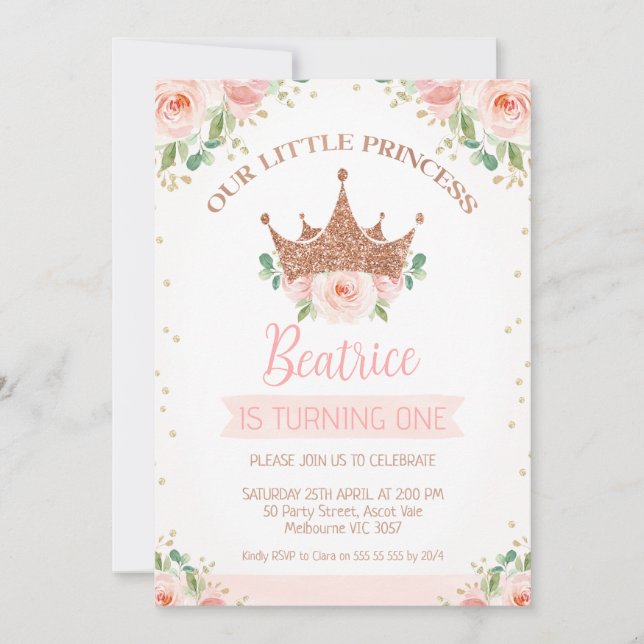 Invitation Floral rose Rose Princesse Couronne 1er anniversai (Devant)