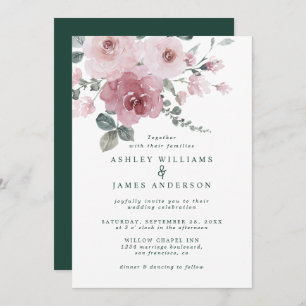 Invitation Floral rose rose rose foncé Mariage vert foncé