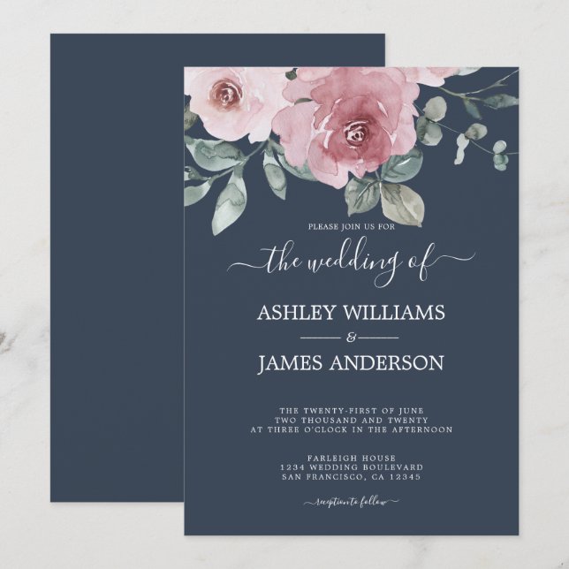Invitation Floral rose rose rose Mariage bleu foncé (Devant / Derrière)