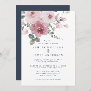 Invitation Floral rose rose rose Mariage bleu foncé