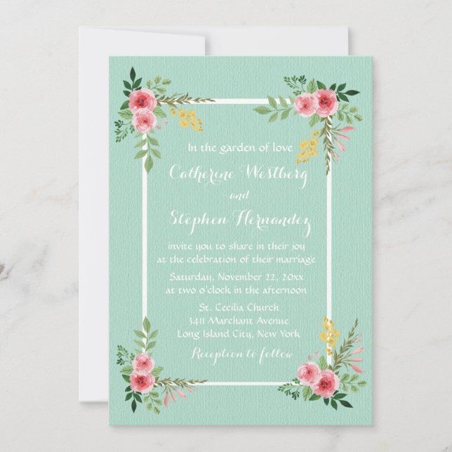 Invitation Floral rose Roses Aquarelle Mint Vert Mariage (Devant)