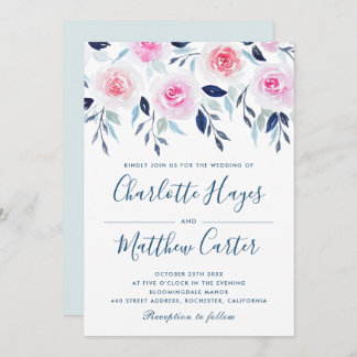 Invitation Floral rose Roses Bleu Feuille Aquarelle Mariage
