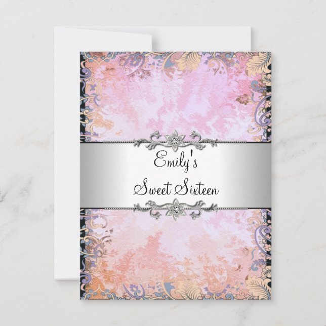 Invitation Floral rose sweet sixteen avec anniversaire d'arge (Devant)