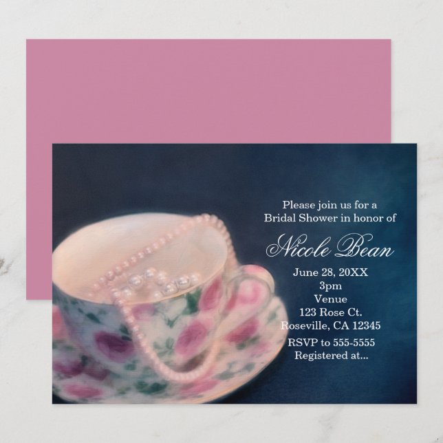 Invitation Floral Rose Tea Cup & Pearl Fête des mariées (Devant / Derrière)