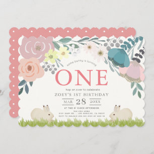 Invitation Floral rose Un Lapin Fille 1er Anniversaire