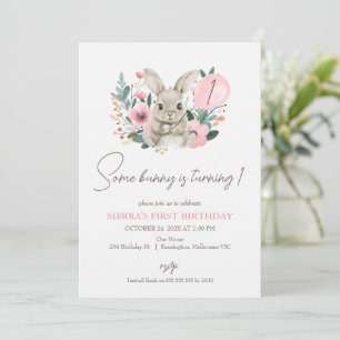 Invitation Floral Rose Un Lapin Tourne Un 1Er Anniversaire
