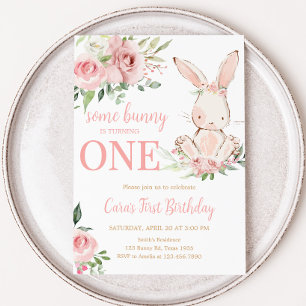 Invitation Floral rose Un Petit Lapin Fête D'Anniversaire