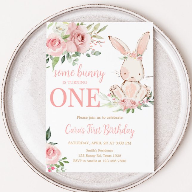 Invitation Floral rose Un Petit Lapin Fête D'Anniversaire (Pink Floral Bunny Birthday Party Invitation)