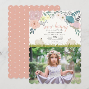 Invitation Floral rose Un Petit Lapin Photo Anniversaire