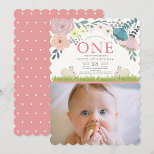 Invitation Floral rose Une fille lapin 1er anniversaire Photo