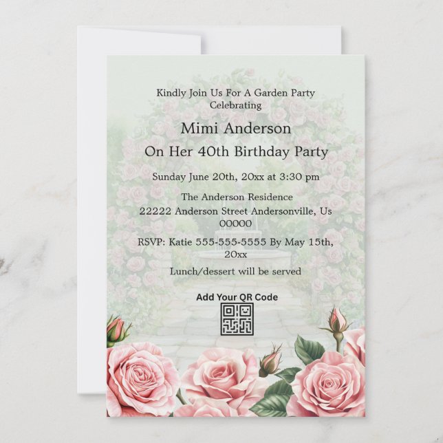 Invitation Floral rose/vert Garden Party Anniversaire Invitat (Devant)