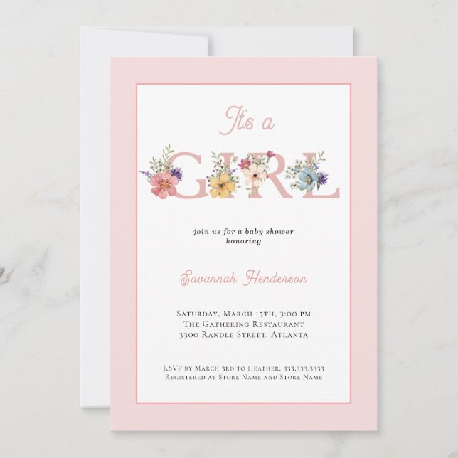 Invitation Floral rose vif C'est un Baby shower féminin (Devant)