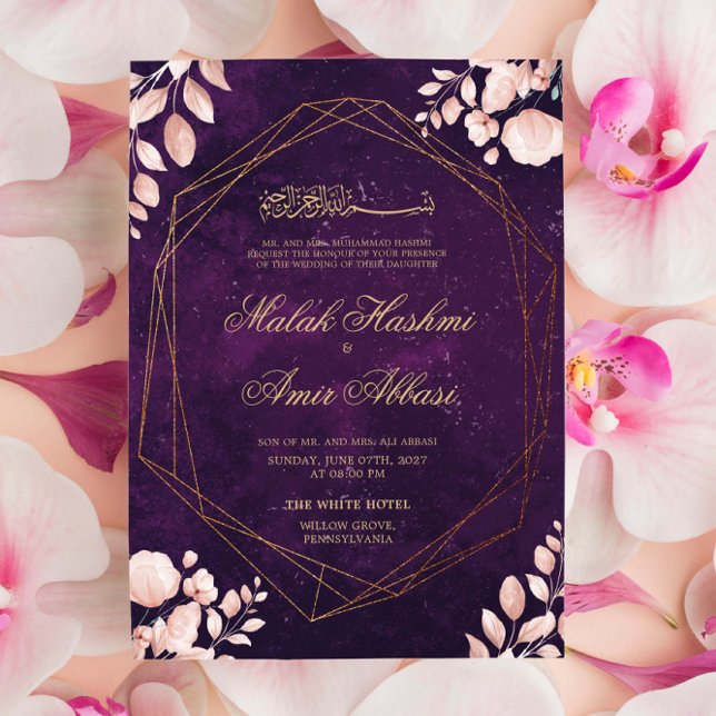 Invitation Floral rose vif Feuilles violet Mariage musulman (Créateur téléchargé)