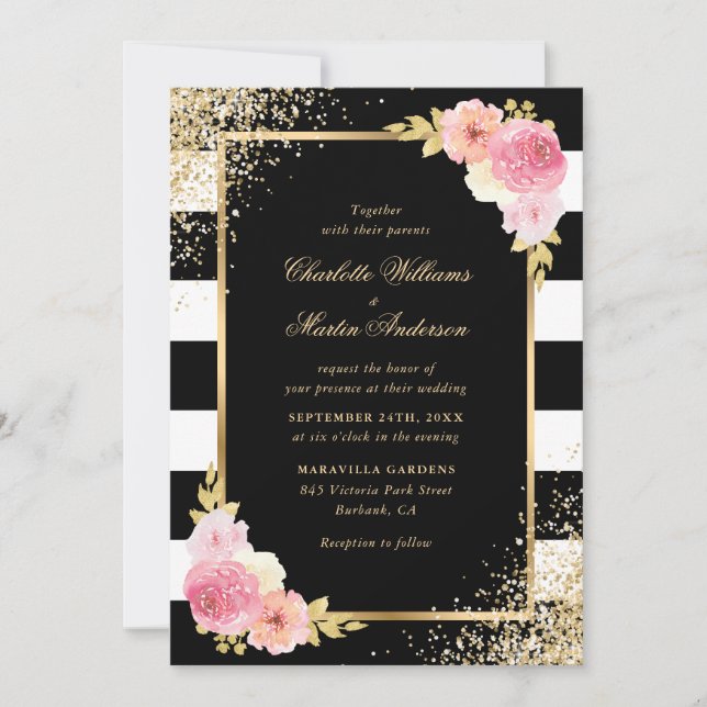 Invitation Floral rose vif noir blanc or Mariage (Devant)