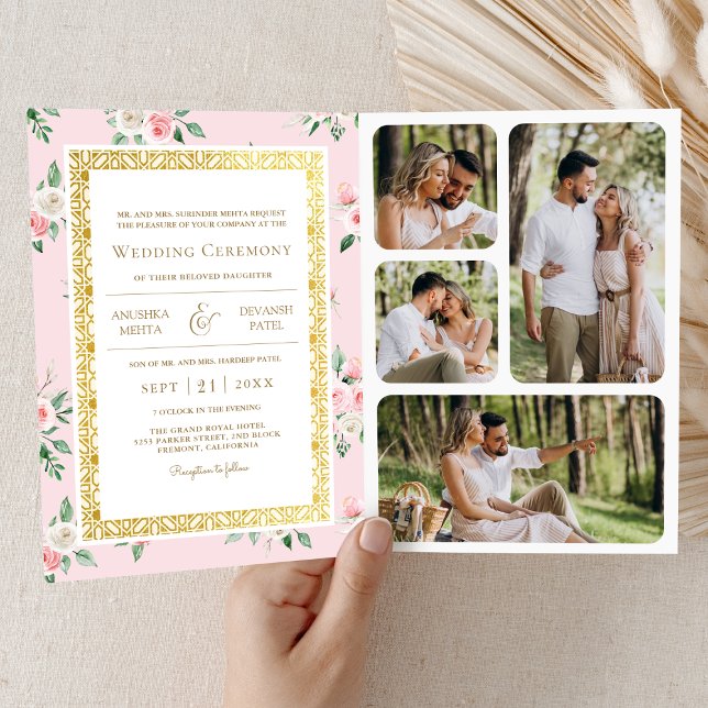 Invitation Floral rose vif tout en un Mariage indien d'or (Créateur téléchargé)