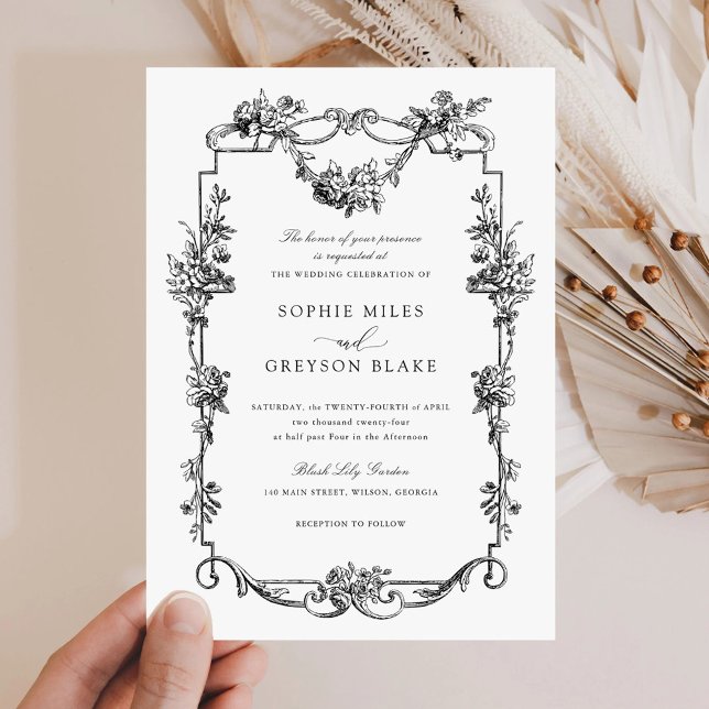 Invitation Floral Rose Vintage Mariage cadre (Créateur téléchargé)