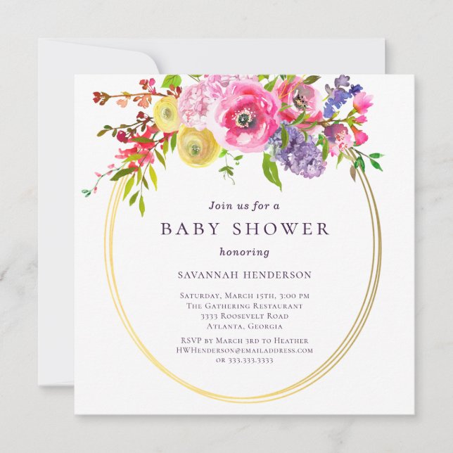 Invitation Floral rose violet avec Accents Or Baby shower I (Devant)