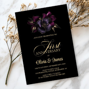 Invitation Floral rose violet noir 1er anniversaire Mariage