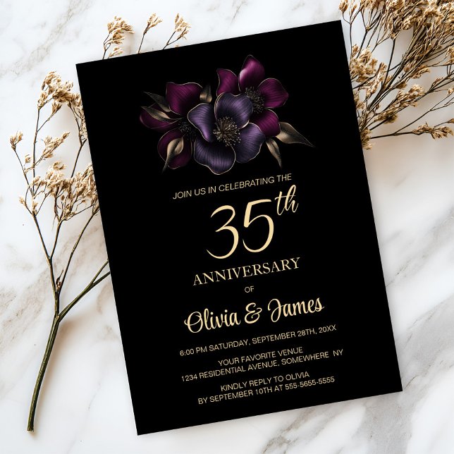 Invitation Floral rose violet noir 35e anniversaire (Créateur téléchargé)