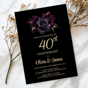 Invitation Floral rose violet noir 40e anniversaire