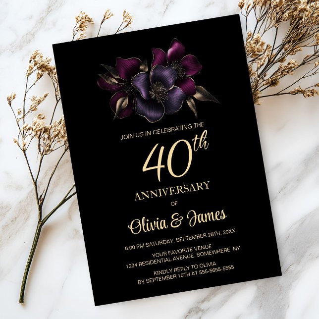 Invitation Floral rose violet noir 40e anniversaire (Créateur téléchargé)