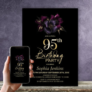 Invitation Floral rose violet noir 95e fête d'anniversaire
